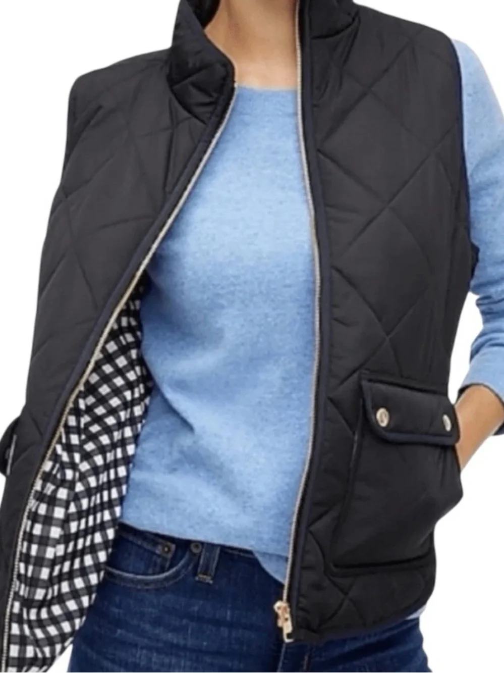 J.Crew Excursion Diamond Quilted Full Zip Vest Large Black Gold Preppy Pockets